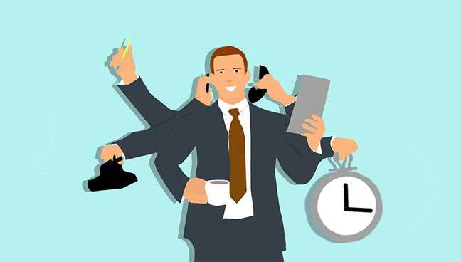 Businessman holding pen, coffee cup, mobile phone, telephone receiver, list