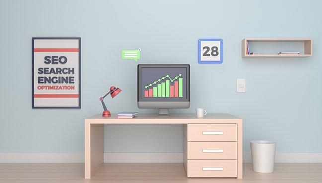 3D vector image of study with chart data on monitor