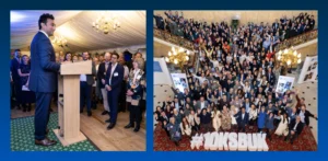 A two-panel image showing highlights from a 10,000 Small Businesses UK event. Left: A man in a suit gives a speech from a wooden podium to an attentive audience in a draped marquee. Right: A high-angle shot of a large, diverse group of people waving and cheering on a grand staircase, with large white "#10KSBUK" letters at the base.