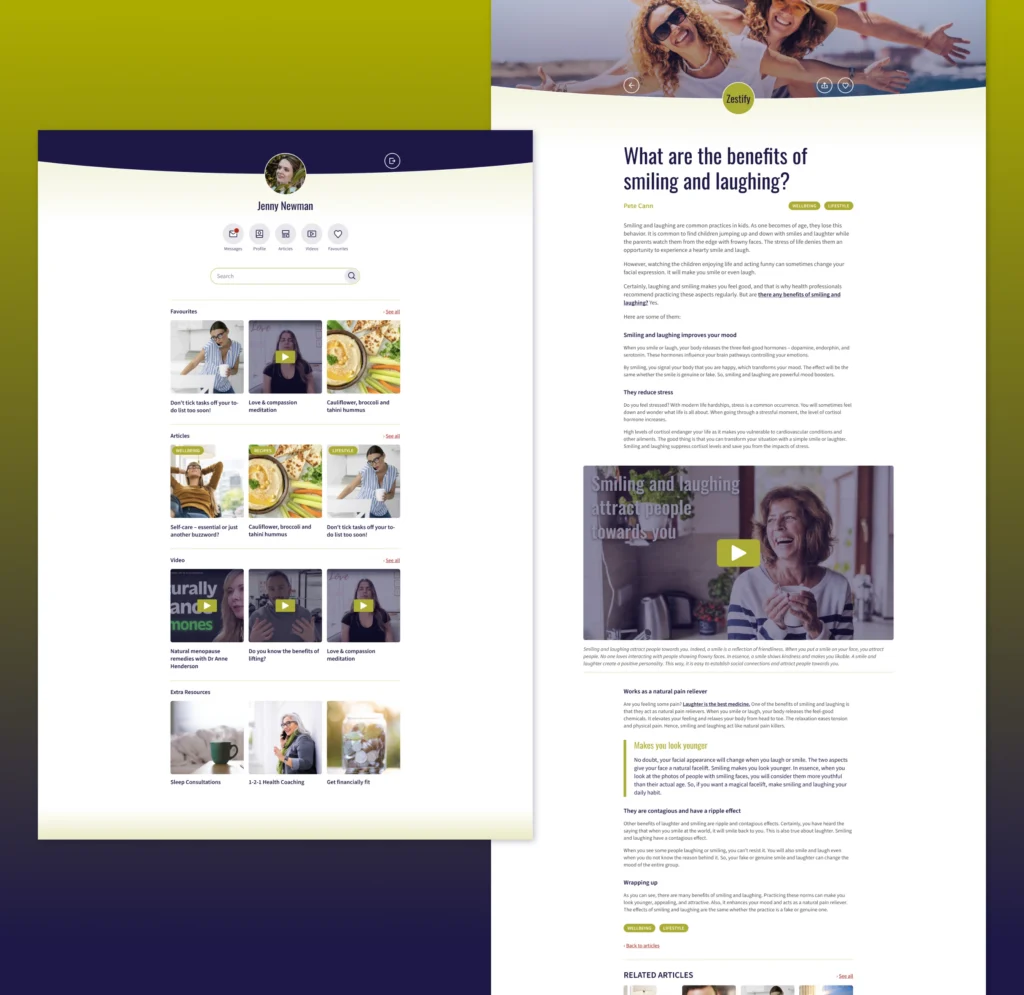 Two mobile-responsive web screens for the Zestify platform: the left screen shows a user profile with a grid of favorited articles and videos, and the right screen shows a long-form article about the benefits of smiling, featuring a large video header and structured text.