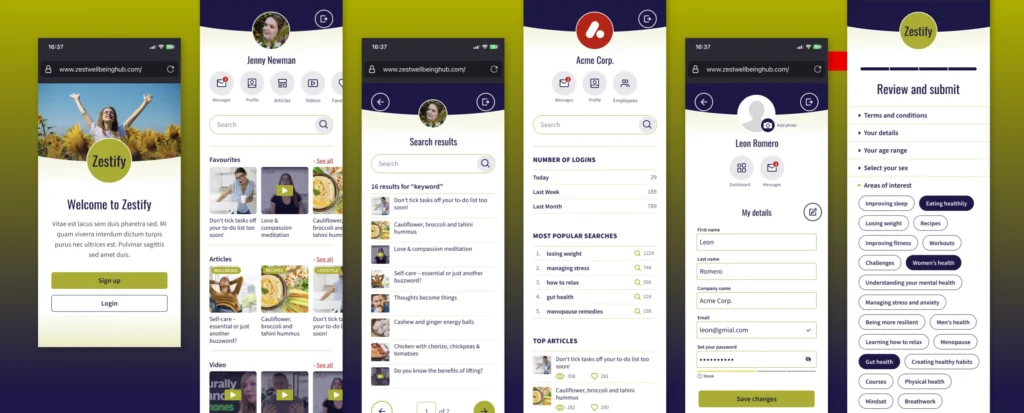 A row of six mobile UI screens for the Zestify platform, showing the end-to-end user journey: from the "Welcome to Zestify" login page and personal user dashboard to search results, company analytics for Acme Corp, user profile settings, and a final "Review and submit" interest selection screen.